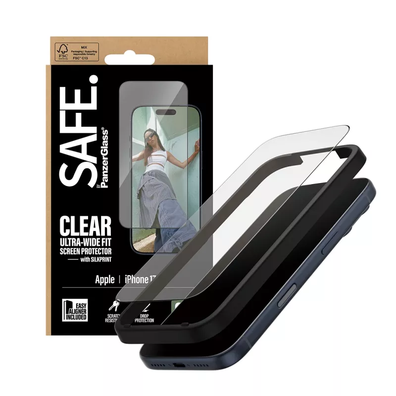 Película protetora de ecrã PanzerGlass SAFE. by para iPhone 17 Pro — película PET ultra larga com moldura preta, aplicação a seco, resistente a riscos e choques