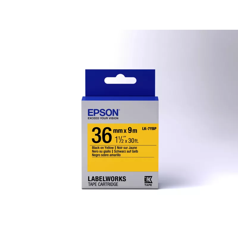 Cassete de etiquetas Epson Pastel LK-7YBP preto/amarelo 36mm (9m), preto sobre amarelo, Japão, LabelWorks LW-1000P, LW-900P, 3,6 cm, 9 m, 1 unid.