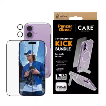 Capa de proteção PanzerGlass CARE Feature Kick 3w1 para iPhone 17 com vidro de ecrã integrado e proteção da lente da câmara