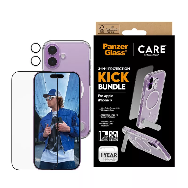 Capa de proteção PanzerGlass CARE Feature Kick 3w1 para iPhone 17 com vidro de ecrã integrado e proteção da lente da câmara