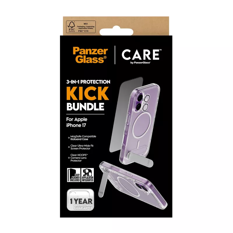 Capa de proteção PanzerGlass CARE Feature Kick 3w1 para iPhone 17 com vidro de ecrã integrado e proteção da lente da câmara