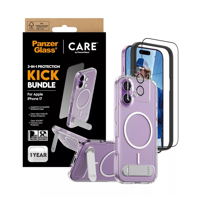 Capa de proteção PanzerGlass CARE Feature Kick 3w1 para iPhone 17 com vidro de ecrã integrado e proteção da lente da câmara