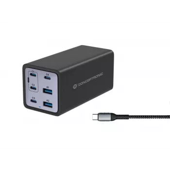 Conceptronic carregador GaN USB PD de 6 portas 200W com cabo de carregamento USB-C, USB-C x 4, USB-A x 2, QC 3.0, PD 3.1, PPS