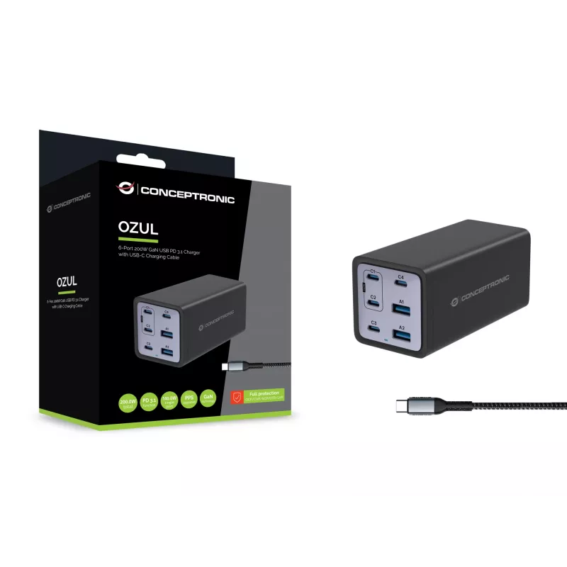 Conceptronic carregador GaN USB PD de 6 portas 200W com cabo de carregamento USB-C, USB-C x 4, USB-A x 2, QC 3.0, PD 3.1, PPS