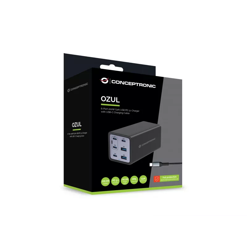 Conceptronic carregador GaN USB PD de 6 portas 200W com cabo de carregamento USB-C, USB-C x 4, USB-A x 2, QC 3.0, PD 3.1, PPS