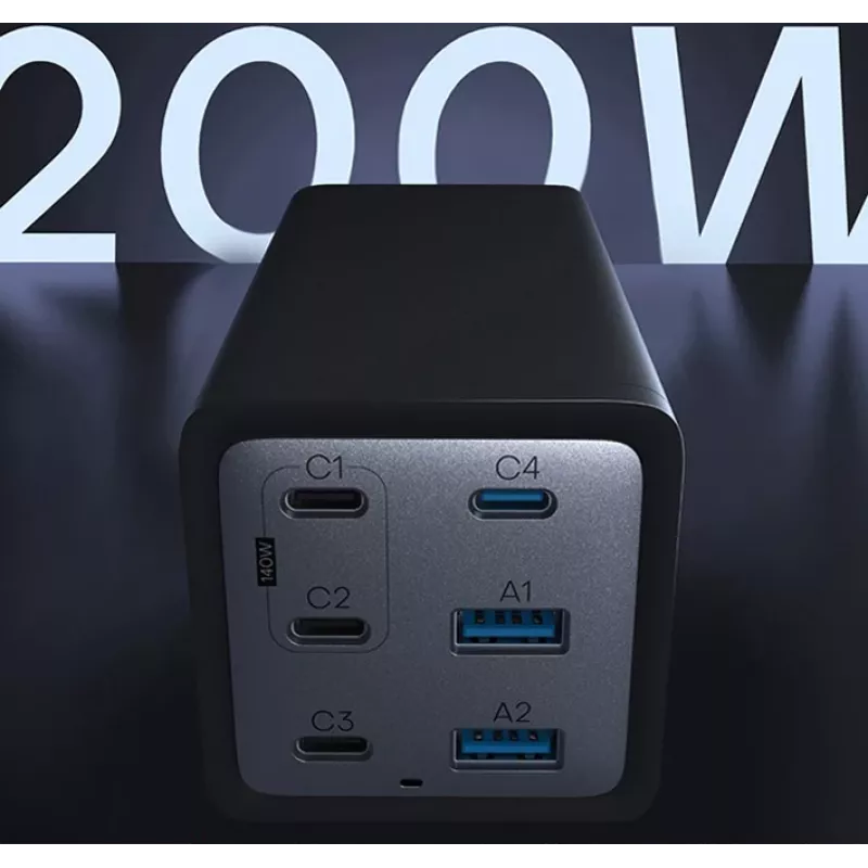 Conceptronic carregador GaN USB PD de 6 portas 200W com cabo de carregamento USB-C, USB-C x 4, USB-A x 2, QC 3.0, PD 3.1, PPS