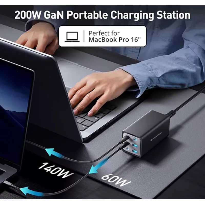 Conceptronic carregador GaN USB PD de 6 portas 200W com cabo de carregamento USB-C, USB-C x 4, USB-A x 2, QC 3.0, PD 3.1, PPS