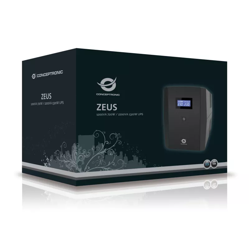 UPS Conceptronic ZEUS 1200VA 720W, tomada IEC + Schuko, line-interactive, 1,2 kVA, 720 W, 220 V, 240 V, 220 V