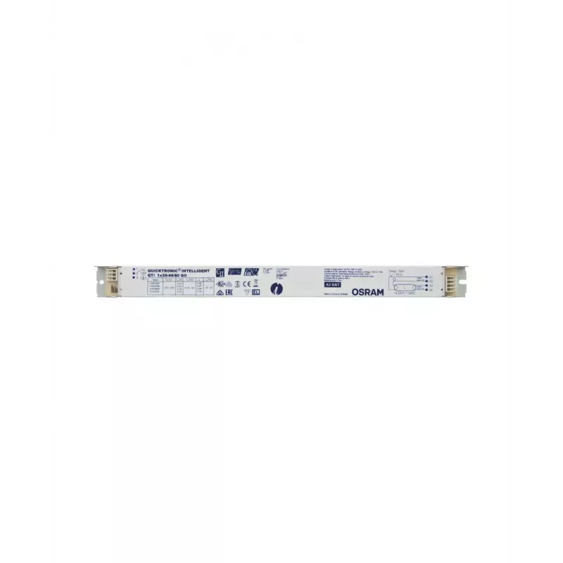 Balastro eletrónico Osram QTi 1X35/49/80 GII — vida útil 100000 h, AC 198–264 V, 50/60 Hz, corrente de entrada 53 A, 360×30×21 mm