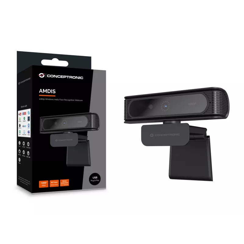 Webcam Conceptronic AMDIS09B 1080p Windows Hello com reconhecimento facial