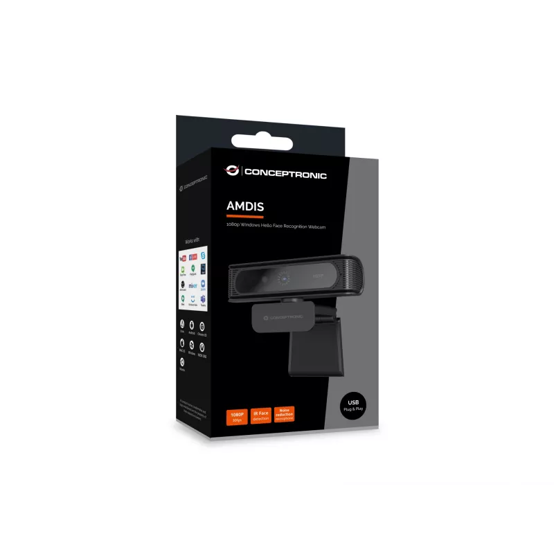 Webcam Conceptronic AMDIS09B 1080p Windows Hello com reconhecimento facial