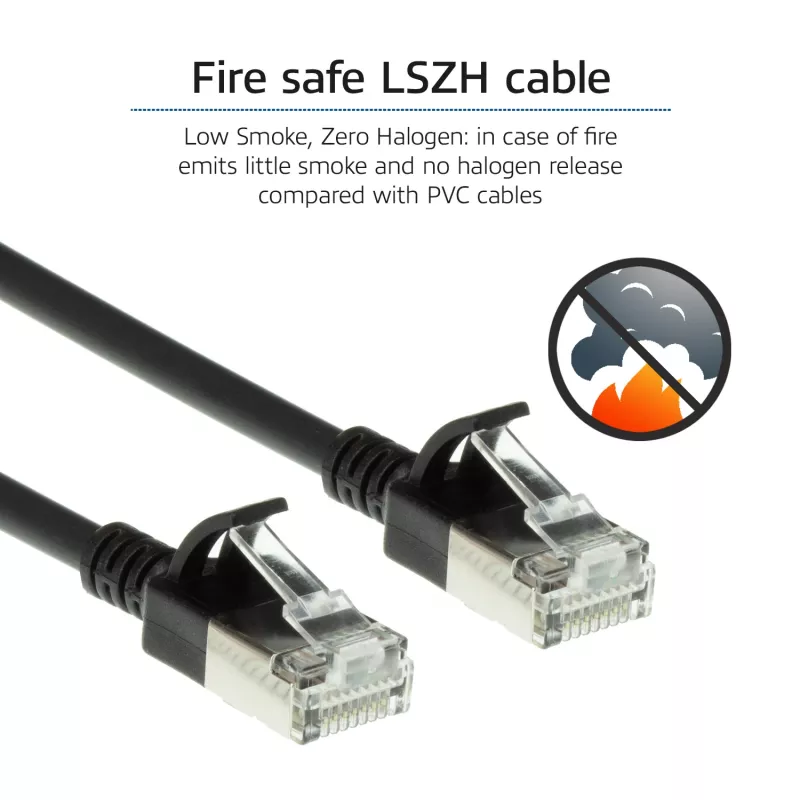 Cabo de patch slimline snagless ACT preto 2 metros LSZH U/FTP CAT6A Datacenter com fichas RJ45