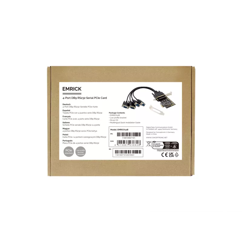 Placa serial Conceptronic 4 portas DB9 RS232 PCIe, PCIe, RS-232, PCIe 2.0, RS-232, preto, China