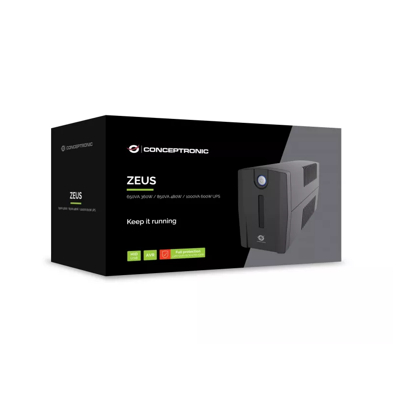 UPS Conceptronic ZEUS02G 850VA 480W, 2 tomadas UK, USB HID, RJ45 entrada/saída, AVR