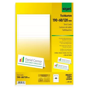 Cartões de mesa Sigel DP049, 190 x 60 mm, 185 g/m², branco extra, 40 unid. (20 folhas x 2)