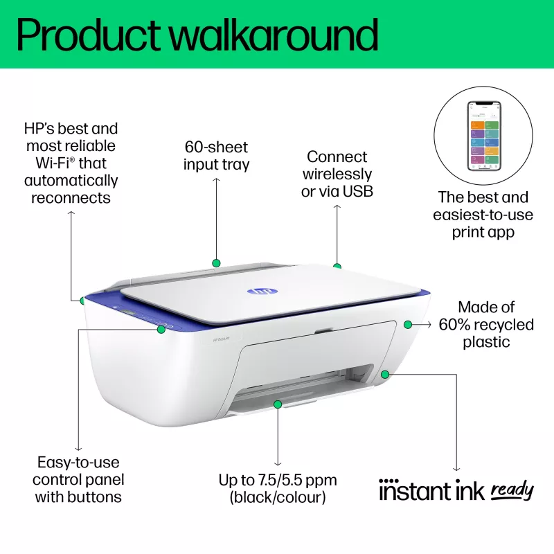 Impressora multifunções a cores sem fios HP DeskJet 2821e, Instant Ink; copiadora, scanner