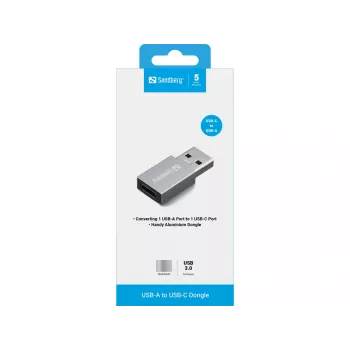 Dongle Sandberg USB-A para USB-C, USB-A, USB-C, alumínio