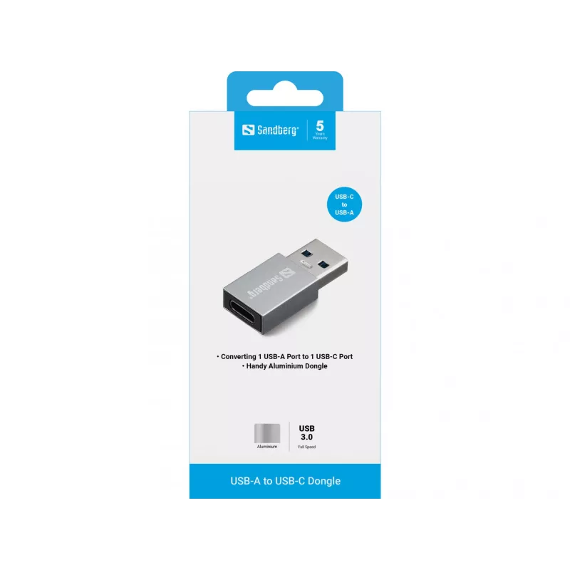 Dongle Sandberg USB-A para USB-C, USB-A, USB-C, alumínio