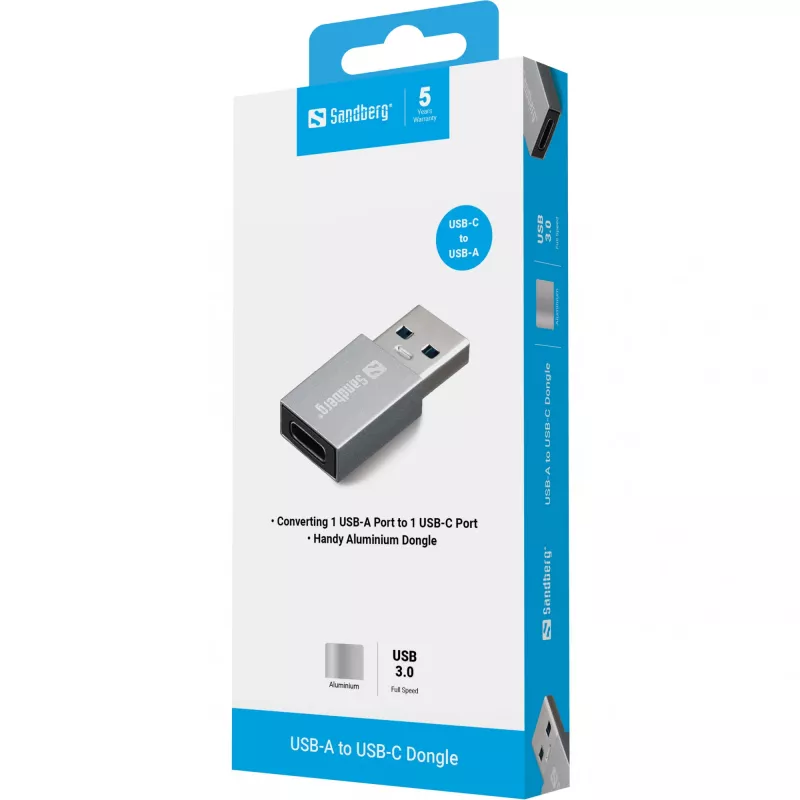 Dongle Sandberg USB-A para USB-C, USB-A, USB-C, alumínio