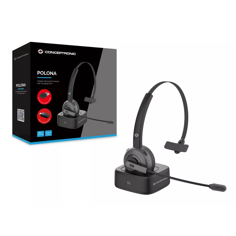 Headset Bluetooth sem fios Conceptronic POLONA com base de carregamento e adaptador áudio Bluetooth USB-A