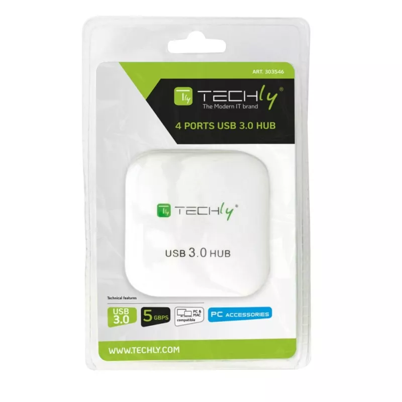 Hub USB 3.0 Super Speed Techly 4 portas branco IUSB3-HUB4-WH, USB 3.2 Gen 1 (3.1 Gen 1) Type-A, 5000 Mbit/s, branco, 0,8 m, CE, RoHS, USB 2.0 USB 1.1