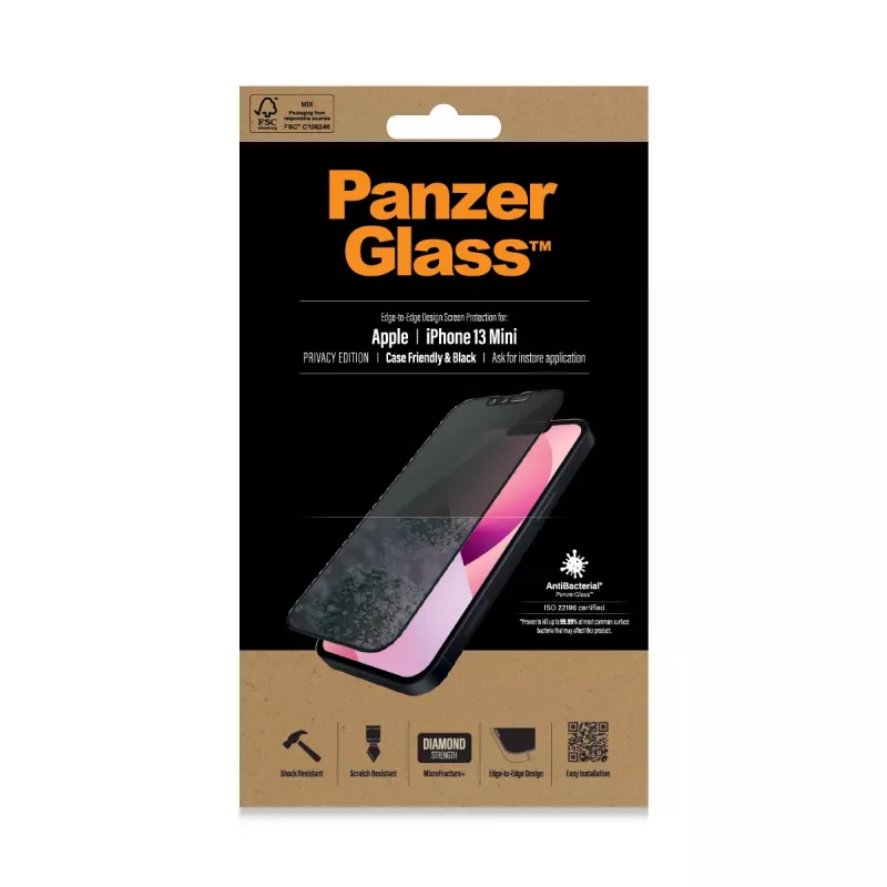PanzerGlass protetor de ecrã de privacidade Apple iPhone 13 Mini Edge-to-Edge resistente a riscos e choques