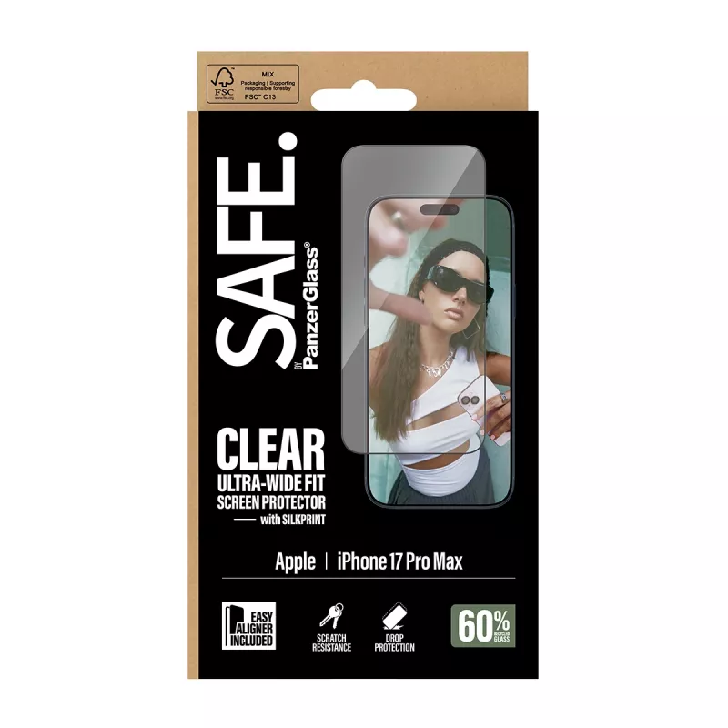 Proteção de ecrã PanzerGlass SAFE. para iPhone 17 Pro Max – película PET ultra-angular com moldura preta, EasyAligner, resistente a riscos e choques