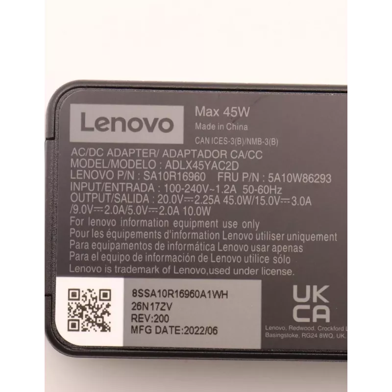 Adaptador de alimentação Lenovo 5A10W86293 interior 45 W preto