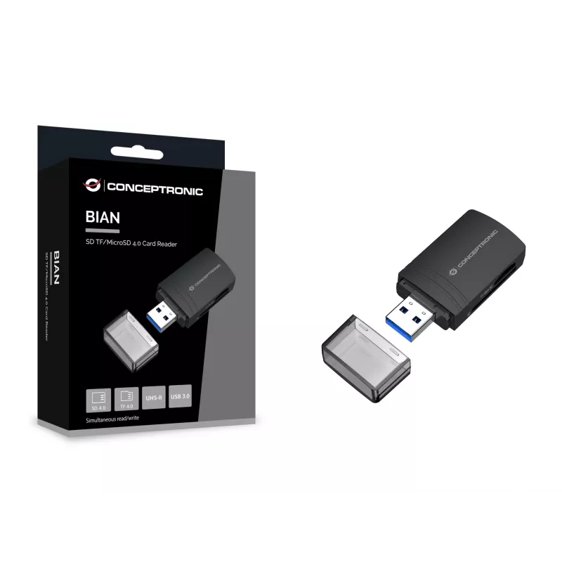 Conceptronic BIAN06B Leitor de cartões SD TF/MicroSD 4.0, UHS-II, USB 3.0, 5 Gbit/s