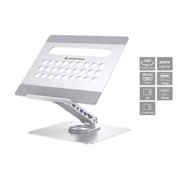 Conceptronic DONN27G, suporte para portátil, prateado, alumínio, 360°, USB 3.2 Gen 1 (3.1 Gen 1) Type-C, 5000 Mbit/s
