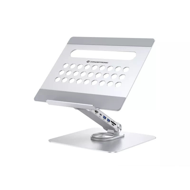 Conceptronic DONN27G, suporte para portátil, prateado, alumínio, 360°, USB 3.2 Gen 1 (3.1 Gen 1) Type-C, 5000 Mbit/s