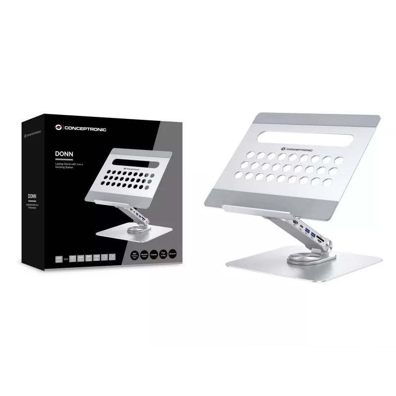 Conceptronic DONN27G, suporte para portátil, prateado, alumínio, 360°, USB 3.2 Gen 1 (3.1 Gen 1) Type-C, 5000 Mbit/s