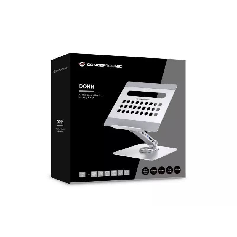Conceptronic DONN27G, suporte para portátil, prateado, alumínio, 360°, USB 3.2 Gen 1 (3.1 Gen 1) Type-C, 5000 Mbit/s