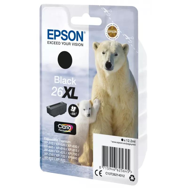 Epson Singlepack preto 26XL Claria Premium Ink, alta (XL) capacidade, preto, tinta pigmentada, 12,2 ml, 1 unid., 500 páginas