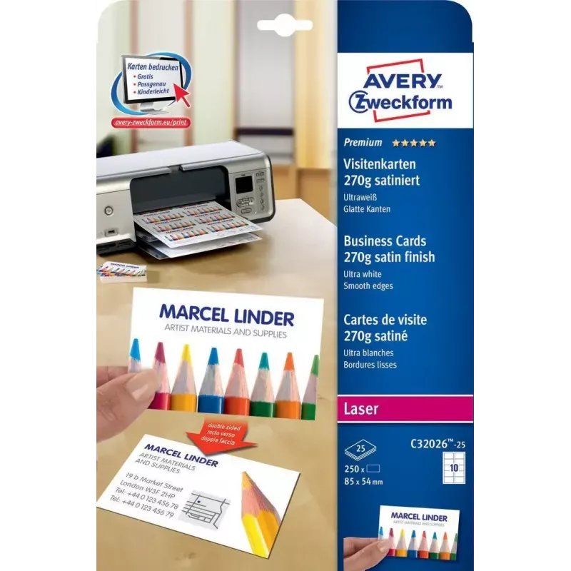 Avery Zweckform Quick&Clean C32026-25 cartões de visita, branco, 54 x 85 mm, 270 g/m2, 250 cartões (25 folhas)