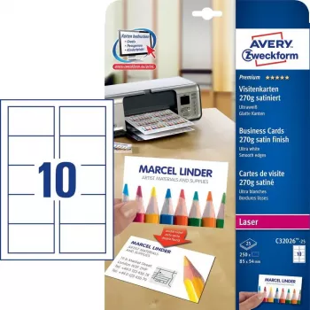 Folhas para cartões de visita Avery Zweckform C32026-25, 85×54 mm, cartão branco, 25 cartões