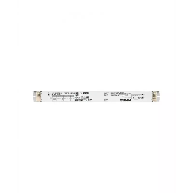 Balastro eletrónico Osram QTP5 1X80, vida útil 100000 h, AC 198–264 V, 50/60 Hz, 40 A, -20–50 °C, 360×30×21 mm