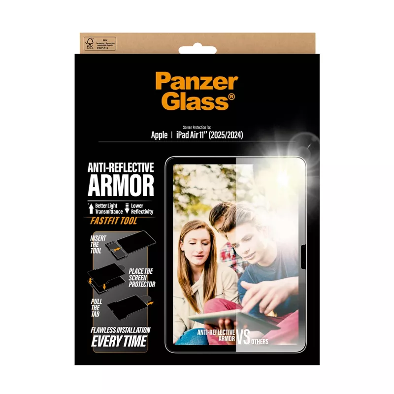 Protetor de ecrã PanzerGlass Anti-Reflective Armor para iPad Air 11 polegadas (2024–2026) Ultra-Wide Fit com ferramenta Fastfit, PET/silicone