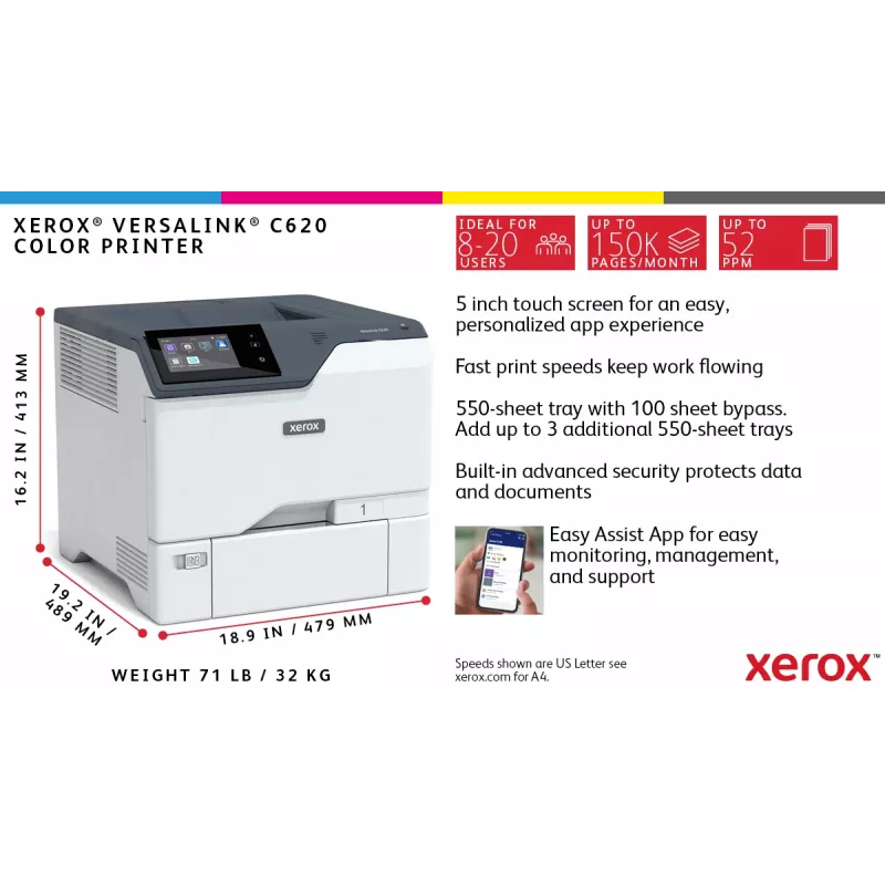 Xerox VersaLink C620 A4 50ppm Duplex Impressora PS3 PCL5e/6 2 bandejas 650 folhas