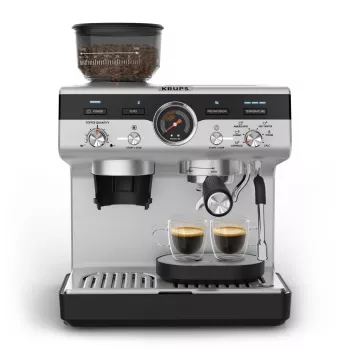 Máquina de café expresso KRUPS XP801T semiautomática com moinho integrado, depósito de água de 3 litros, saída para 2 chávenas, preto/aço inoxidável