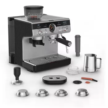 Máquina de café expresso KRUPS XP801T semiautomática com moinho integrado, depósito de água de 3 litros, saída para 2 chávenas, preto/aço inoxidável