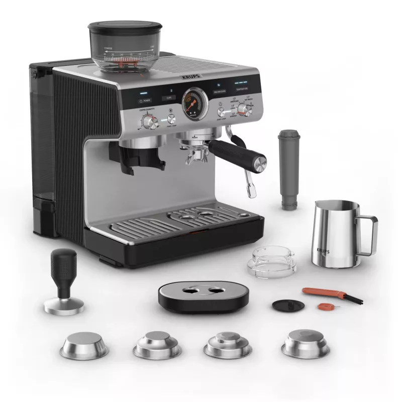 Máquina de café expresso KRUPS XP801T semiautomática com moinho integrado, depósito de água de 3 litros, saída para 2 chávenas, preto/aço inoxidável