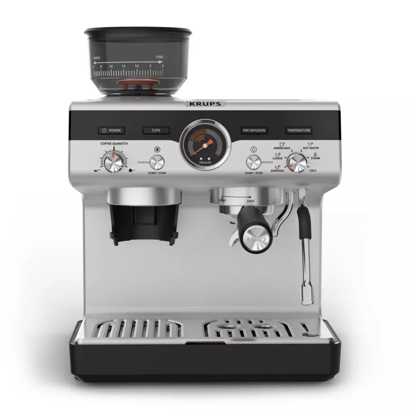 Máquina de café expresso KRUPS XP801T semiautomática com moinho integrado, depósito de água de 3 litros, saída para 2 chávenas, preto/aço inoxidável