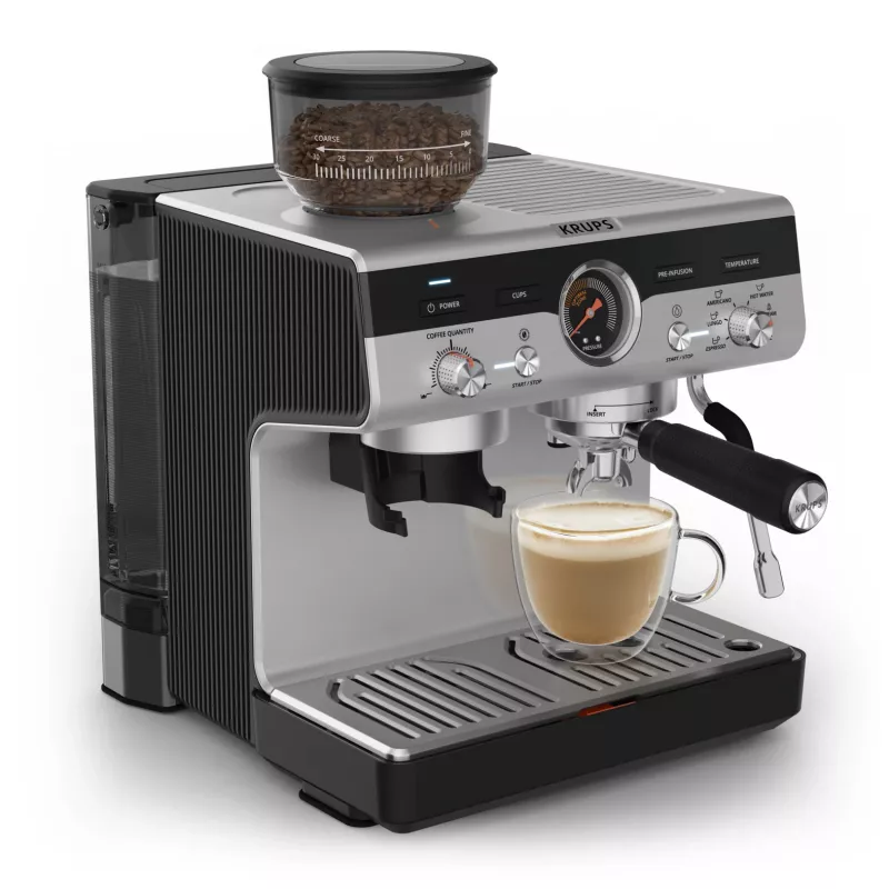 Máquina de café expresso KRUPS XP801T semiautomática com moinho integrado, depósito de água de 3 litros, saída para 2 chávenas, preto/aço inoxidável
