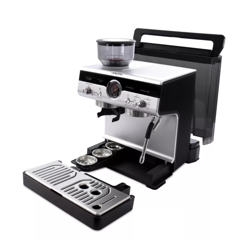 Máquina de café expresso KRUPS XP801T semiautomática com moinho integrado, depósito de água de 3 litros, saída para 2 chávenas, preto/aço inoxidável