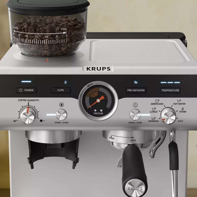 Máquina de café expresso KRUPS XP801T semiautomática com moinho integrado, depósito de água de 3 litros, saída para 2 chávenas, preto/aço inoxidável