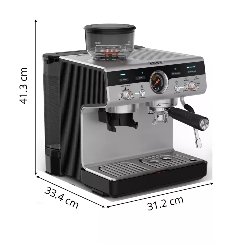 Máquina de café expresso KRUPS XP801T semiautomática com moinho integrado, depósito de água de 3 litros, saída para 2 chávenas, preto/aço inoxidável