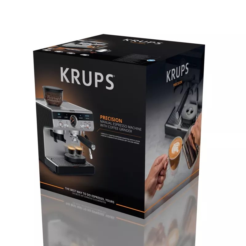 Máquina de café expresso KRUPS XP801T semiautomática com moinho integrado, depósito de água de 3 litros, saída para 2 chávenas, preto/aço inoxidável