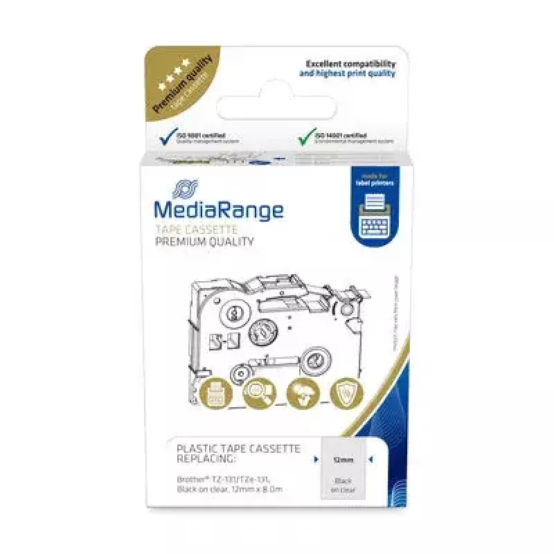 Cassete de fita plástica MediaRange TZ-131 12mm preto sobre transparente