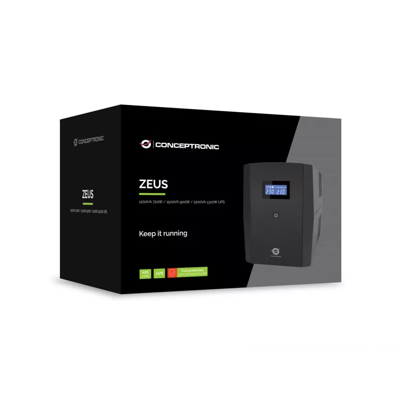 UPS Conceptronic ZEUS03G 1200VA 720W, 4 tomadas UK, USB HID, entrada/saída RJ45, AVR